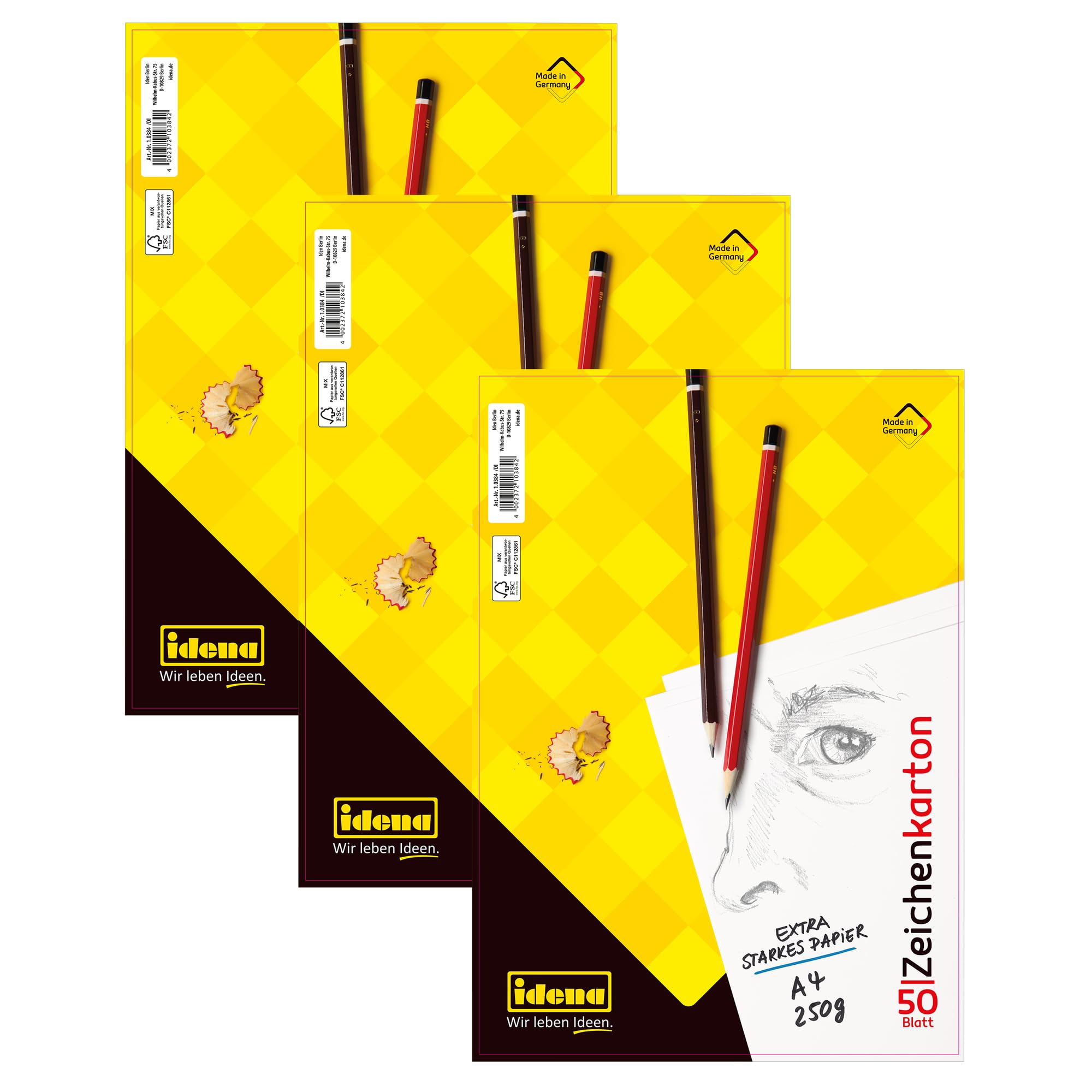 Idena 10384-3 90296 Drawing Card DIN A4 3 Drawing Pads with 50 Sheets Each 250 g/m² FSC Mix Paper White 3 Quantities
