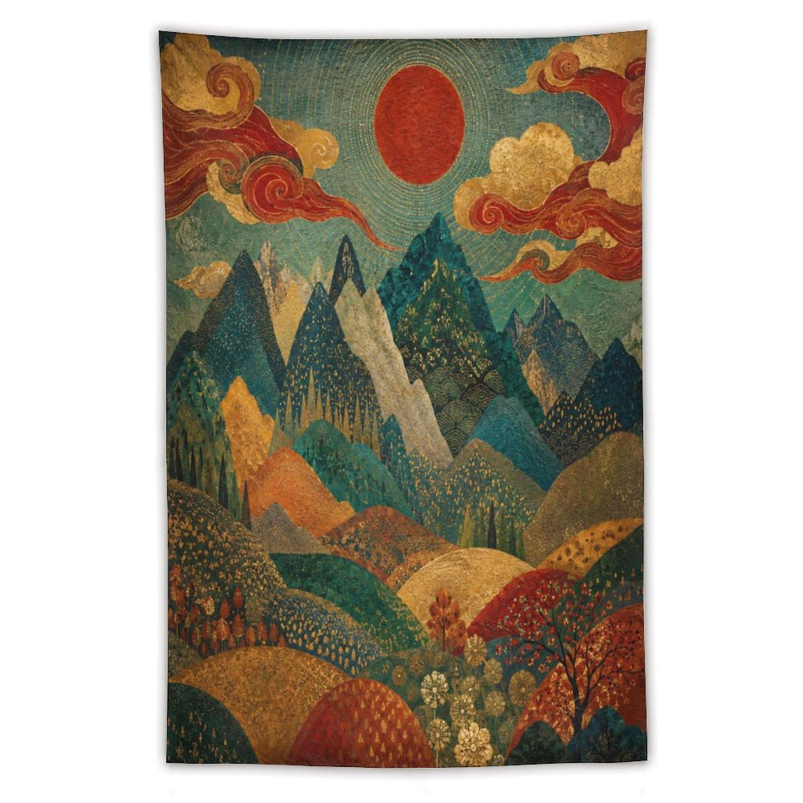 H3B8U2Y5 Mountain Valley Sunrise Wall Tapestry, Ukiyo-e Style, Room Divider