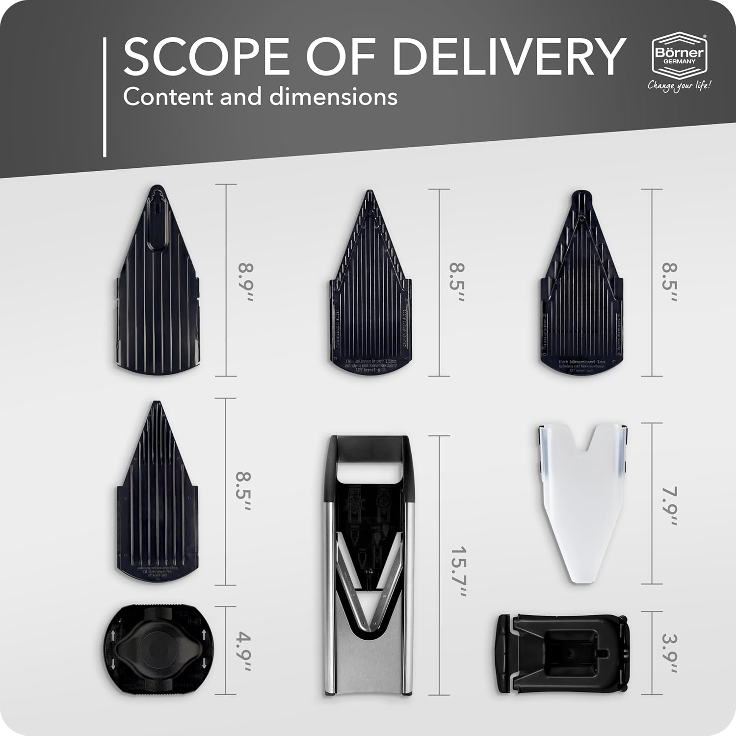 Börner by Reston Lloyd Mandoline Slicer V6 (Professional Set) • Stainless Steel Slicer with V-Blade • Adjustable Kitchen Slicer for Vegetables & Fruits • Various Thicknesses & Grater