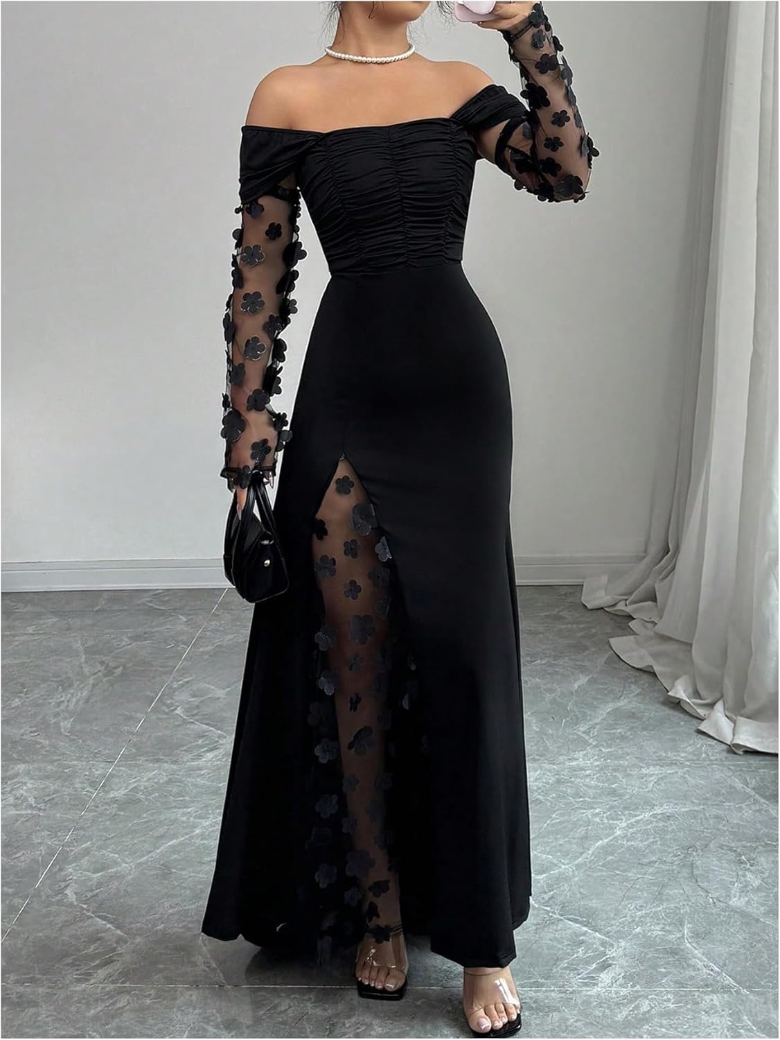 GORGLITTER Women's Off The Shoulder Mesh Maxi Dress Classy Fall Long Sleeve Ruched Cocktail Birthday Dinner Dresses - Image 4