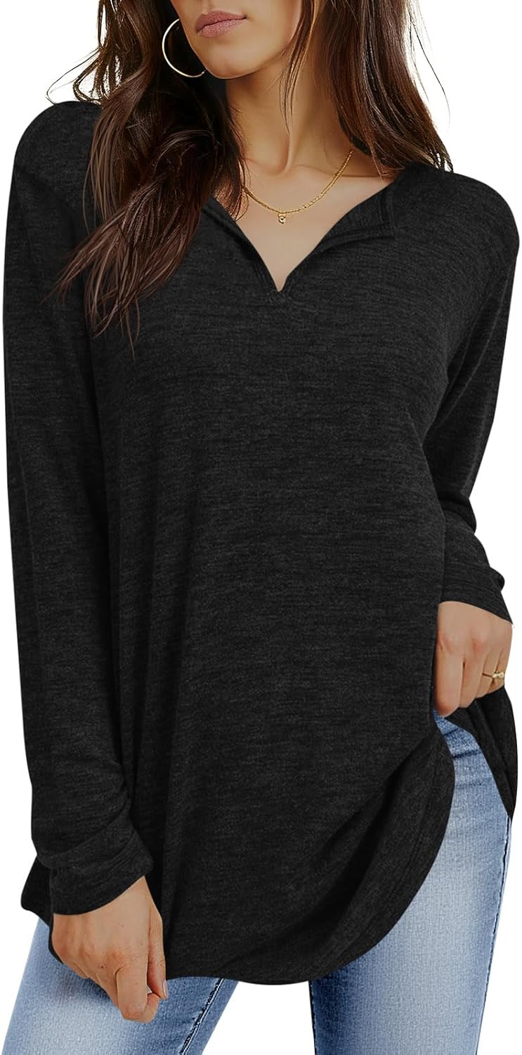 Tankaneo Womens Long Sleeve Tunic Tops V Neck Dressy Casual T-Shirts Loose Fit Curved Hem Blouse Tees