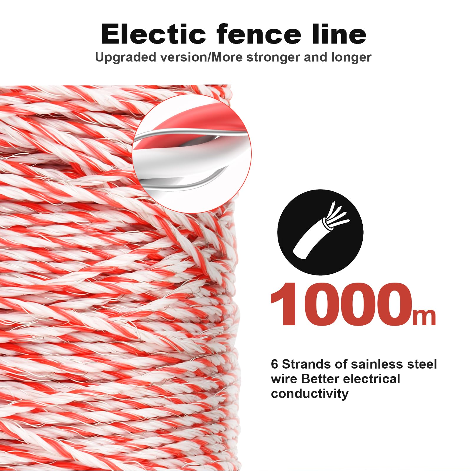 1000M Cuerda para cerca eléctrica, cercas de alambre para ganado de acero inoxidable, cuerda conductora para cerca, accesorios para cerca eléctrica para (Rojo+Blanco, 1000M)