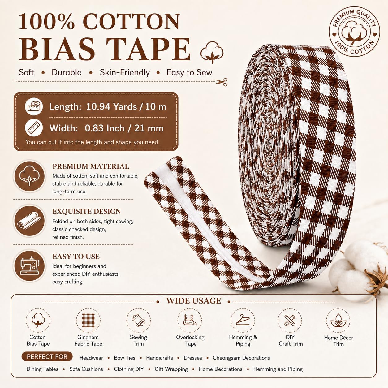 10.9 Yards Chocolate Striped Double Fold Bias Tape, 0.83 Inch Pre-Folded Bias Binding Trim for Cheongsam, Sewing, Piping and Clothing Decoration image 2