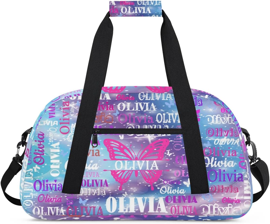 Custom Dance Ballet Bag with Butterflies, Personalized Duffle Bag with Name Overnight Bag Ballet Gym Duffle Bag for Travel Sleepover Bag, Purple Blue Galaxy with Stars