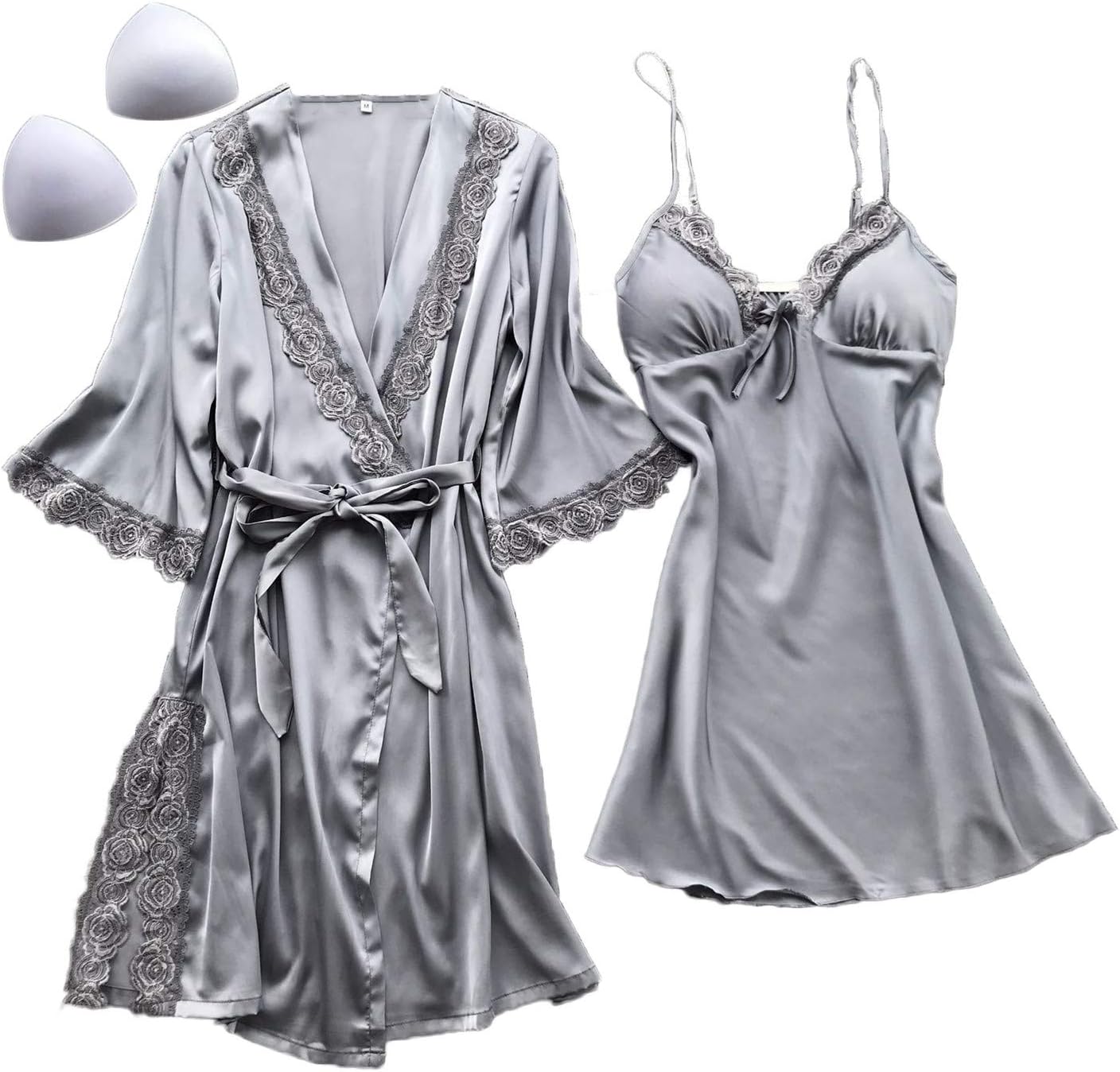 Andongnywell Womens Satin Nightgown with Solid Lace Silk Like 3/4 Sleeve Night Gown Two Piece Suit Short Slip Sleepwear