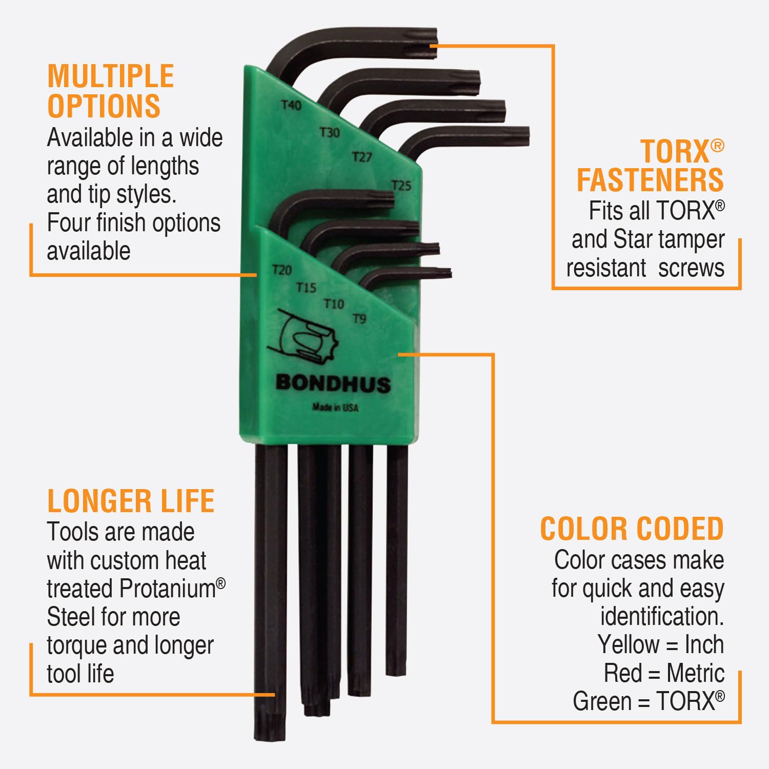 Starrett 32434 Jeux de cles coudees pour vis type torx inviolables, Vert