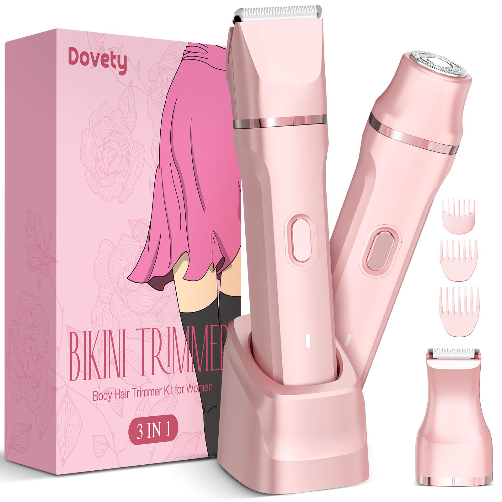 Bikini Trimmer for Women, Dovety 3 in 1 Painless Electric Razors for Women, Rechargeable Pubic Hair Trimmer Electric Shaver for Legs Body Facial Hair, IPX7 Waterproof, Ceramic Blade, USB Charge Dock