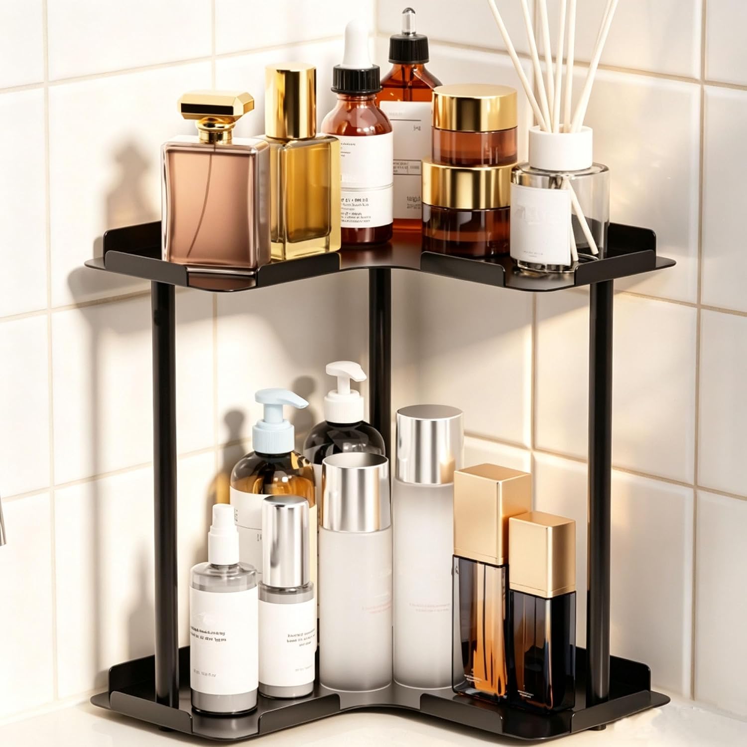 2 Tier Corner Bathroom Counter Organizer Storage Shelf, Black