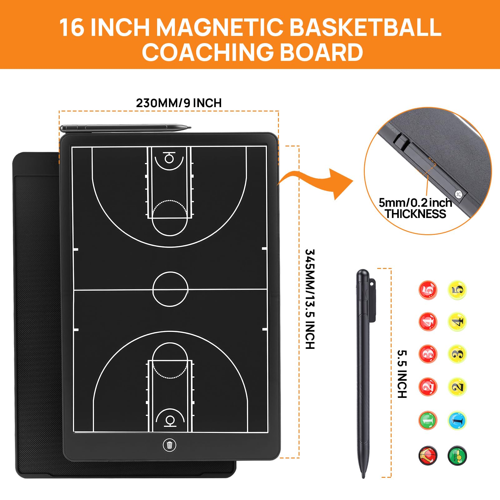 Tableau noir tactique LCD de 16 pouces pour basket-ball Carte électronique mise à jour Pad magnétique tactique avec cadre en ABS écologique, imperméable, résistant aux chutes avec stylo de basket-ball