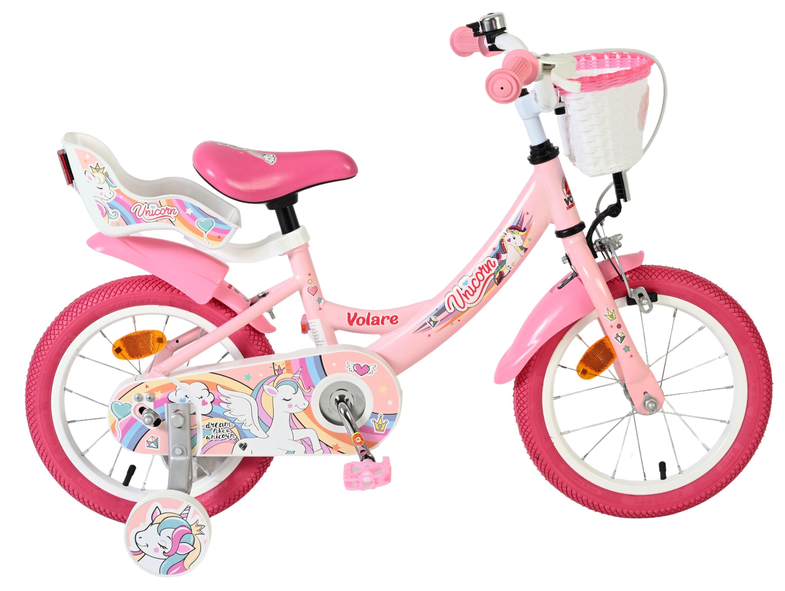 Volare Einhorn Kinderfahrrad Pink | 14 Zoll | 3,5–5 Jahre | Hand- & Rücktrittbremse | Stützräder | Verstellbarer Sattel | Puppensitz & Korb | Geschenk für Mädchen