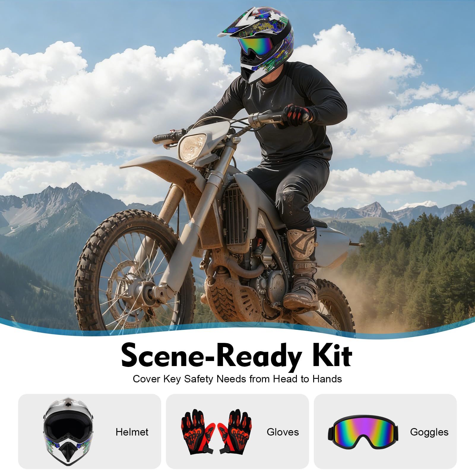 Motorradhelm Set Integralhelm mit Schutzbrille & Handschuhen L
