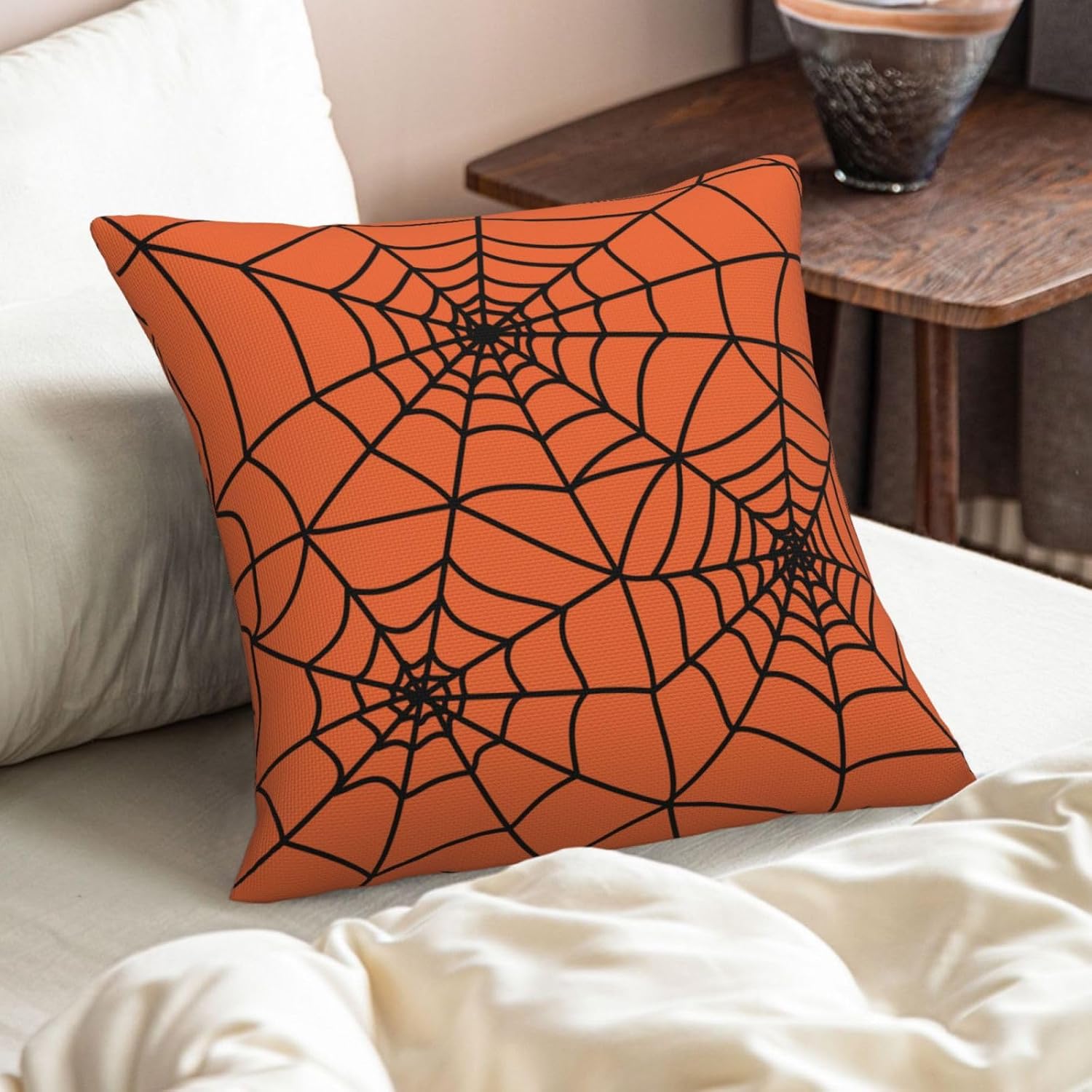 Halloween Pillow Covers 20x20 Inch Set of 2, Orange Spider Web Decor Throw Pillows Holiday Halloween Outdoor Decorative Pillows Square Linen Cushion Covers for Home Bed Couch Sofa image 5