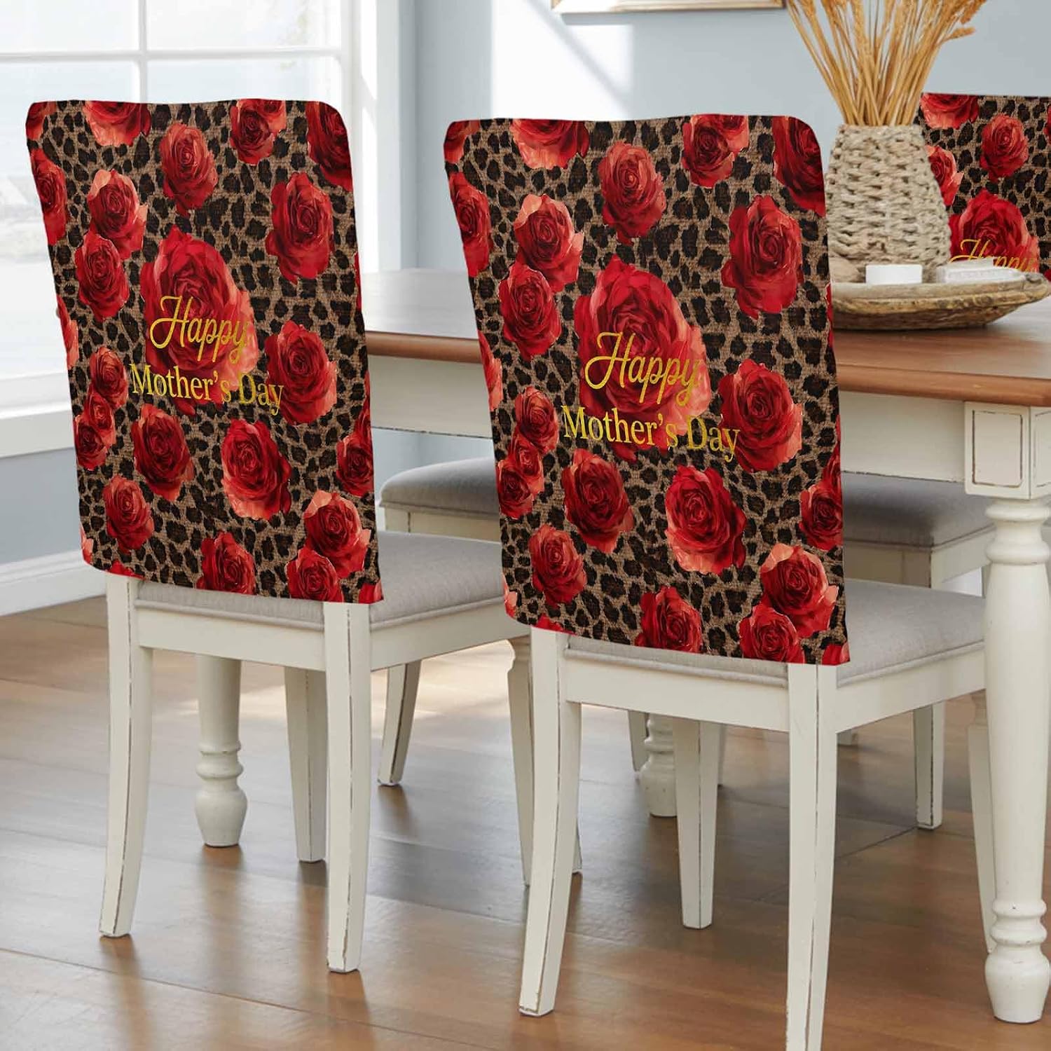 Chair Back Covers for Dining Room, Red Roses Leopard Linen Polyester Back Chairs Protector, Happy Mother's Day 6 Pcs Dining Chair Seat Covers for Kitchen, 20 x 19 Inches