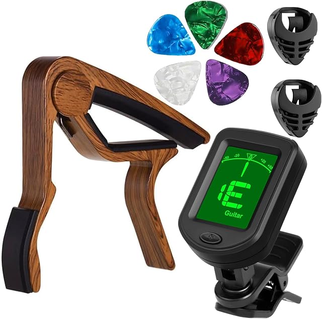 Guitar Tuner, Quick Release Rosewood Capo for Acoustic Guitar, Bass, Ukulele, Violin with 5Pcs Pick.