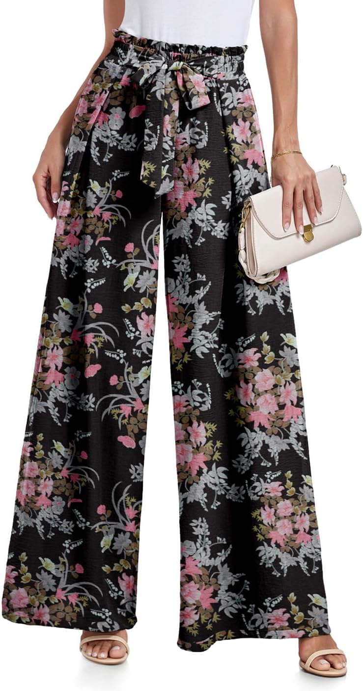 Lepunuo Wide Leg Pants for Women High Waisted Palazzo Pants Work Casual Flowy Tie Knot Trousers with Pockets