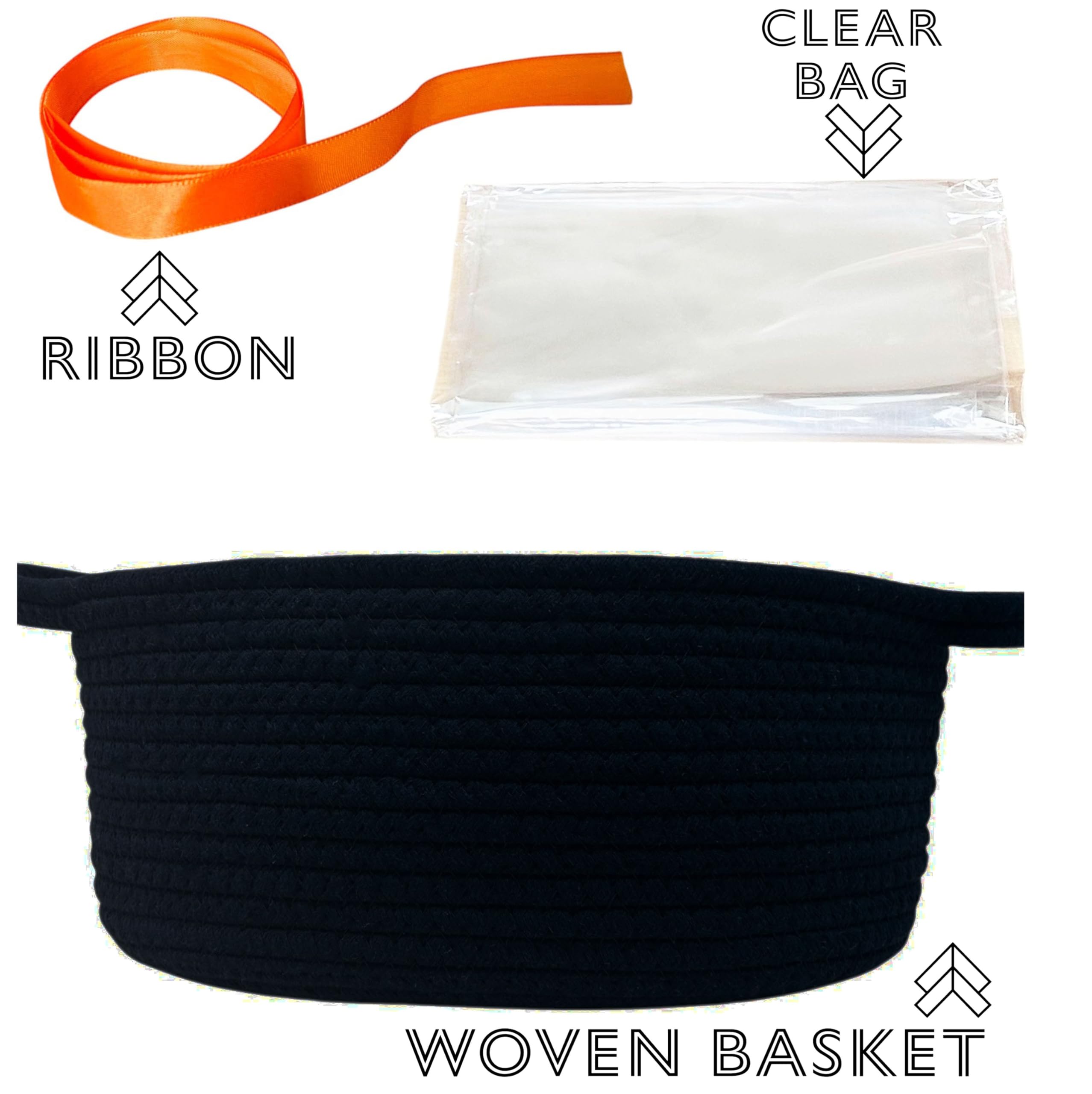 Shimmer Anna Shine Small Woven Gift Basket with Handles, 12 x 8 x 5 inches, Rope Basket Organizer with Gift Bags and Ribbons (Black)