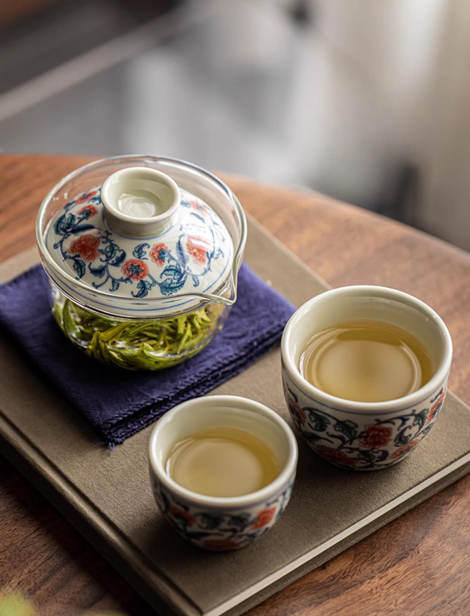Ręcznie rysowany retro kwiat szklany czajniczek ręczny czajniczek 4 szt. zestaw, 125 ml 4 uncje, podróż na zewnątrz przenośny zestaw do herbaty kungfu