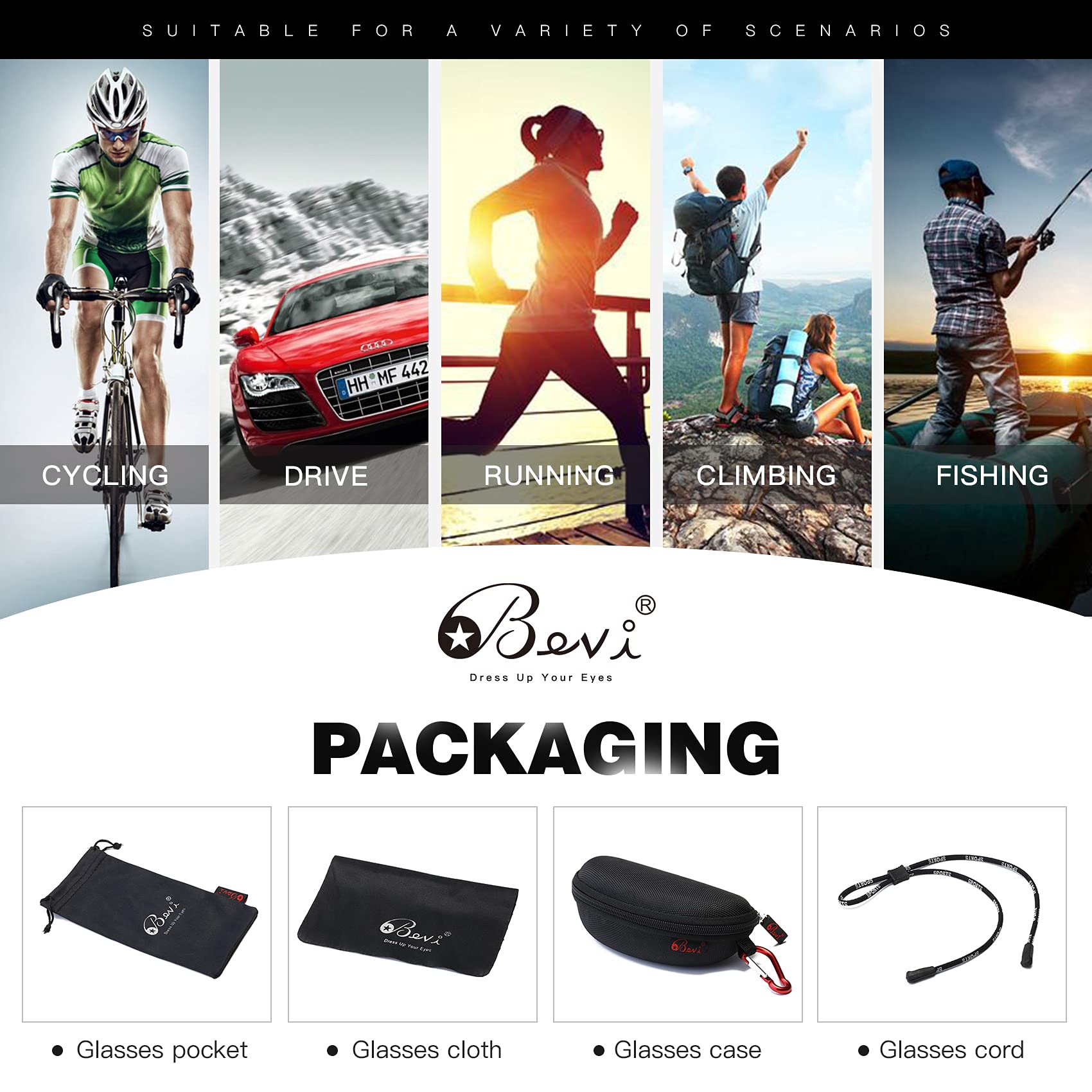 Bevi TR90 polarisierte Sport-Sonnenbrille mit unzerbrechlichem Rahmen für Männer und Frauen, Laufen, Radfahren, Golf, Baseball