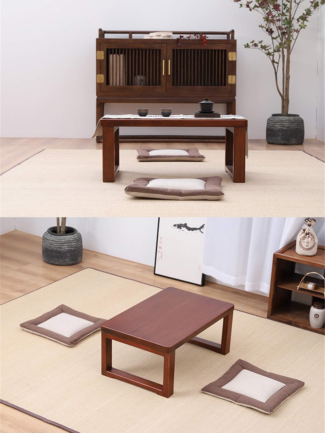 Runam Woodd Simple Small Solid Wood Japanese Style Low Height Coffee, Tea, Breakfast Table for Bedroom, Tatami Table for Balcony, Laptop, Study. (Walnut, 60 x 40 x 30-cm) 1