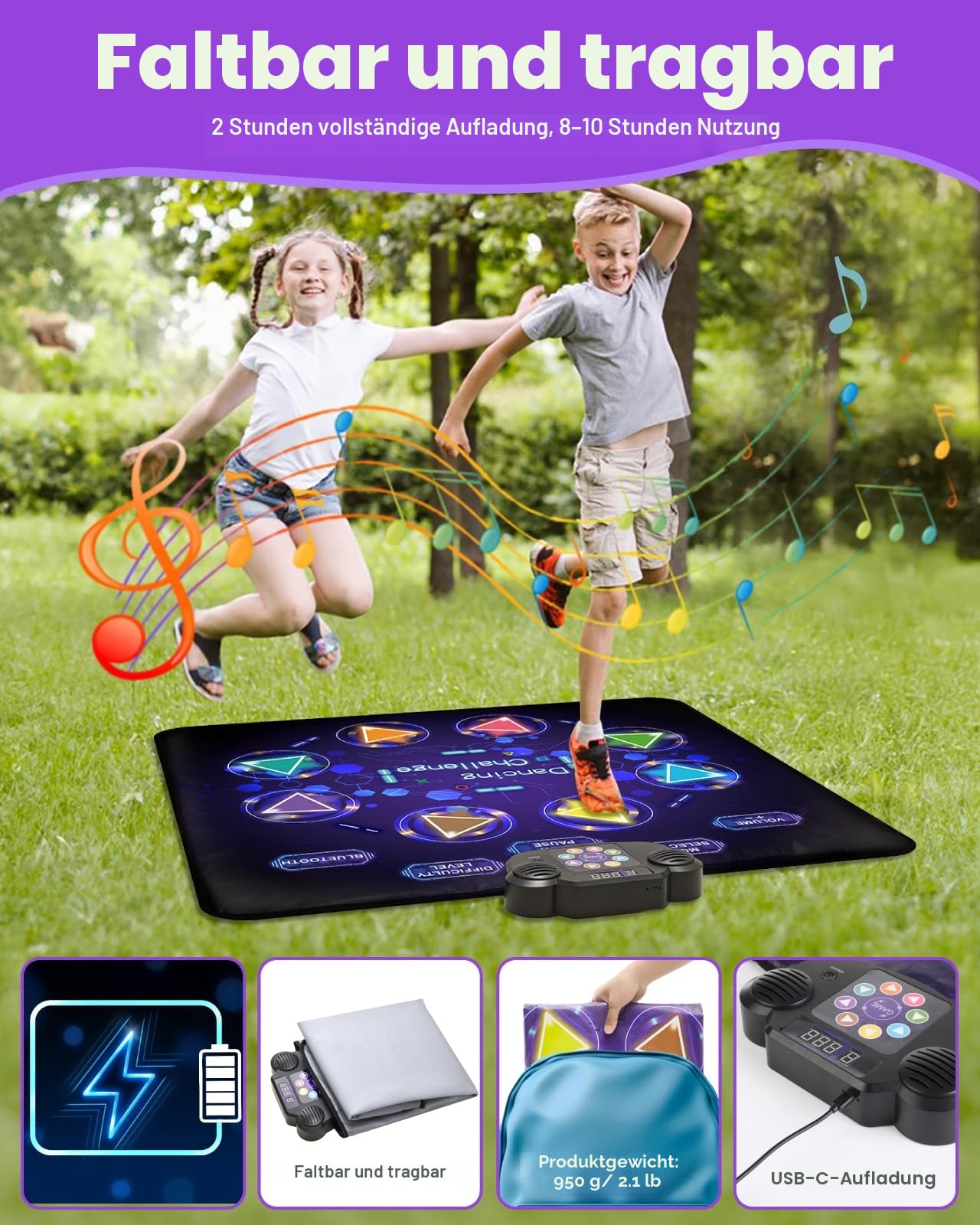 Gleamkid Tanzmatte Für Kinder, LED Licht-Tanzpad Mit 8 Tasten, Integrierter Musik, Bluetooth, 8 Modi, Kinder Von 3-12