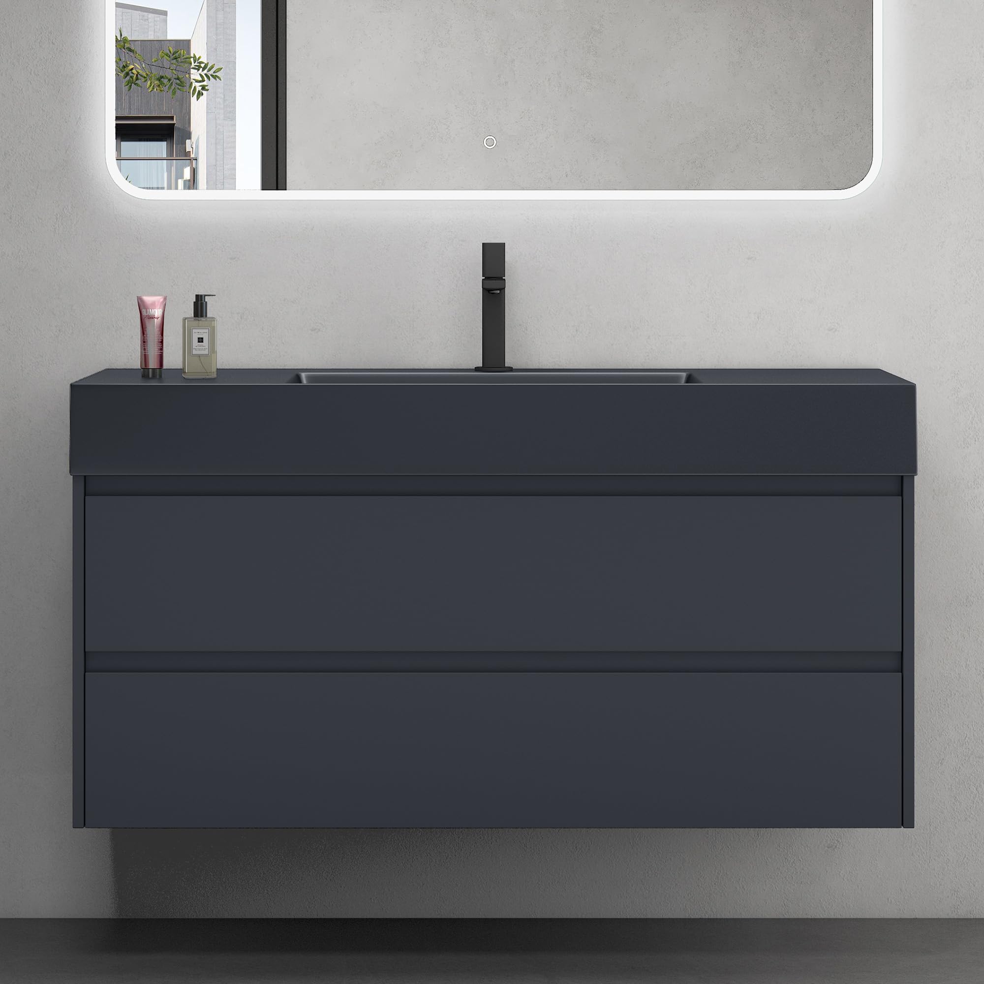 doporro Mobile Bagno Sospeso Mobiletto Sottolavabo da 120 cm Bianco Opaco con Lavabo Integrato | Set Mobile Include Lavandino Antracite in Marmoresina e 2 Cassetti Soft Close Serie Deep