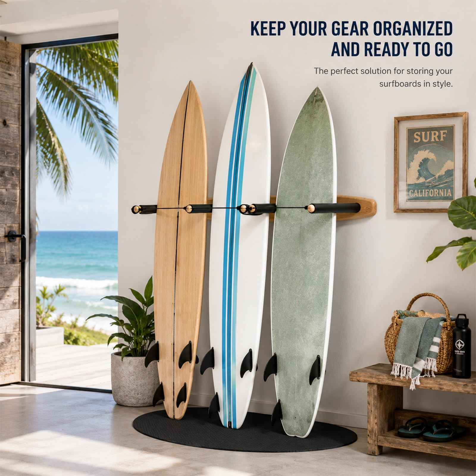 Soporte Vertical for Tabla de Surf, 4 Brazos (3 a 4 Tablas), Madera Dura Sostenible, Soporte de Pared for Surfboard for Shortboard, Skateboard y Wakeboard