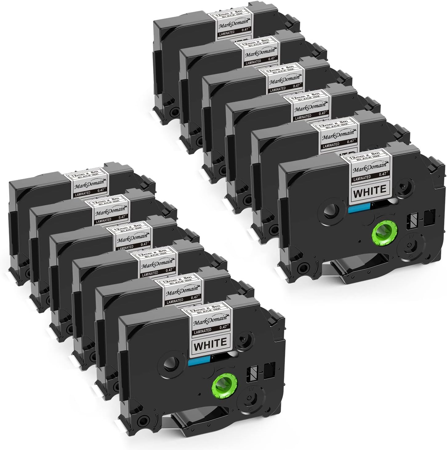 MarkDomain 12-Pack Label Maker Refills Replacement for Brother P Touch TZe TZ 12mm 0.47 Laminated TZe231 Black on White Label Tape, Work with Brother PT-D220 PT-D210 PT-H110 PT-D410, 12mm x 8m