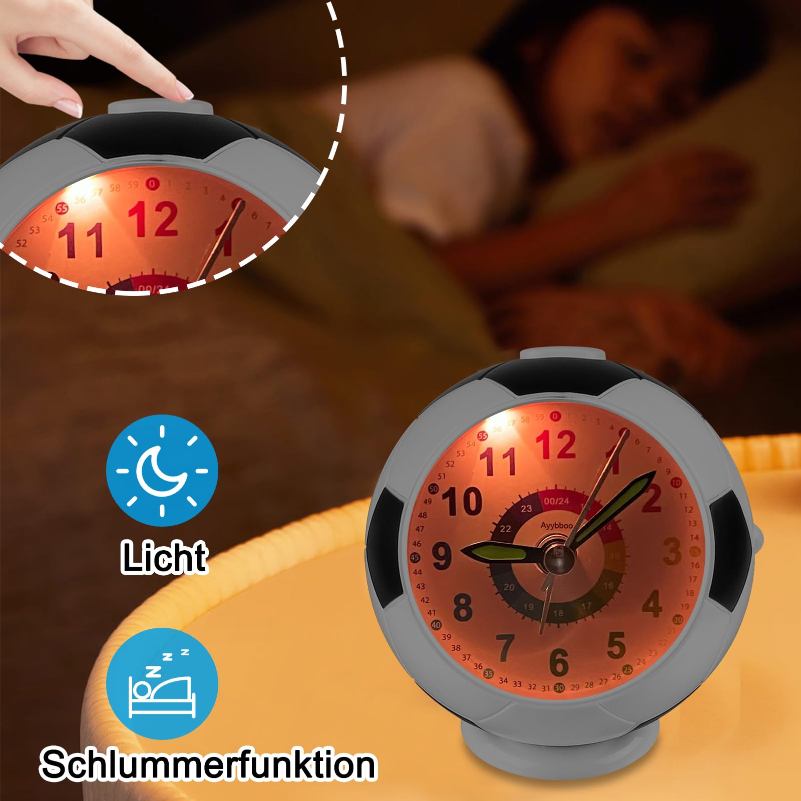 Ayybboo Réveil Enfant Fille Garçon,Horloge Analogique Pédagogique sans Tic-Tac avec Veilleuse et Snooze,Cadeau pour Chambre d'enfant, École, Anniversaire ( Football Noir