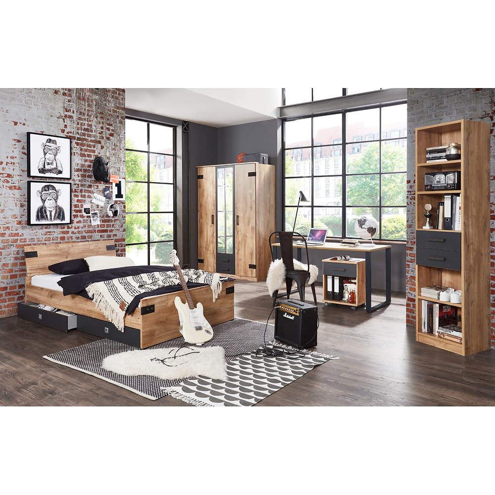 Lomadox Jugendzimmer Set 7-teilig mit Bett 90cm, 2 Bettschubkästen, Kleiderschrank, Regal, Schreibtisch, Rollcontainer in Eiche Graphit Industrial-Stil