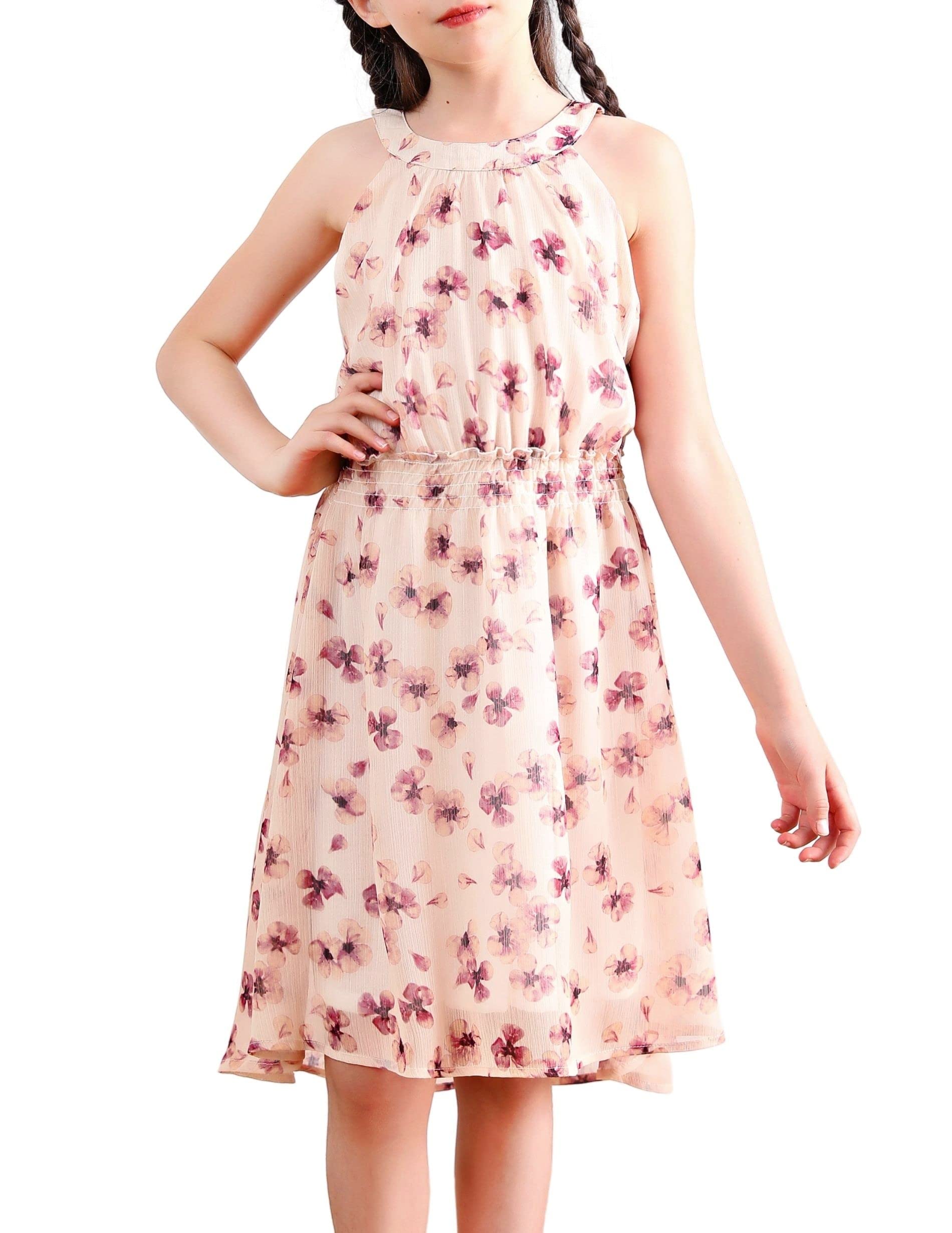 V.&GRIN Easter Dress for Girls, Spring Cute Floral Neck Halter Chiffon Flowy Dress Outfit for Tweens