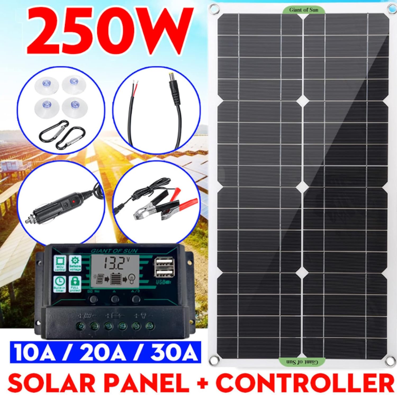 Portable Solar Panel Kit - 250W Monocrystalline Solar Panel Starter Kit with 10A Solar Controller, Dual USB Ports, Solar Panels System for Home RV Car Boat Camping