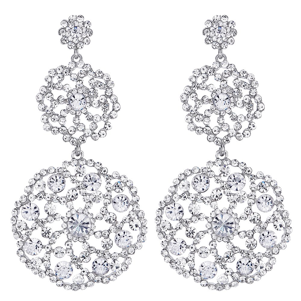 COOLSTEELANDBEYOND Boda Nupciales Dama de Honor Grande Círculo Rhinestones Cluster Flor Largo Colgantes Statement Declaración Pendientes