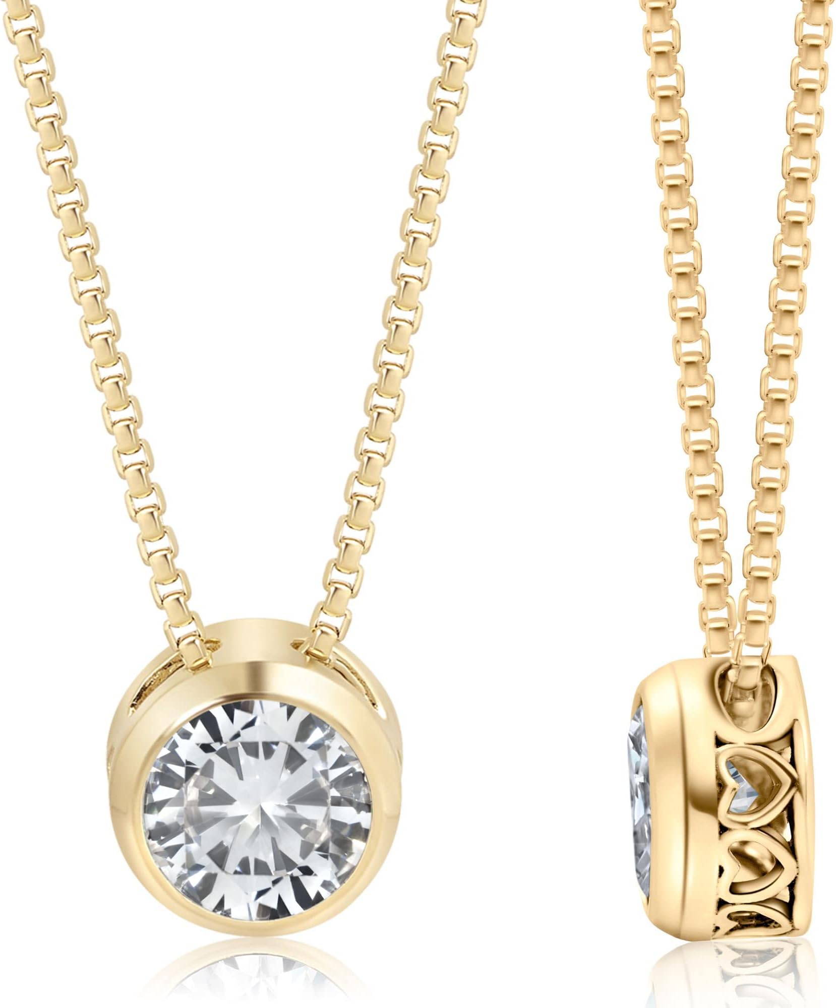 ADITA GOLDWhite CZ Pendant Necklace for Women in 14k Yellow Gold Plated on 925 Sterling Silver - December Birthstone 6mm Round Cut Gemstone - Vintage Handmade Hearts Style Silver Mount on a Gold Plate Chain
