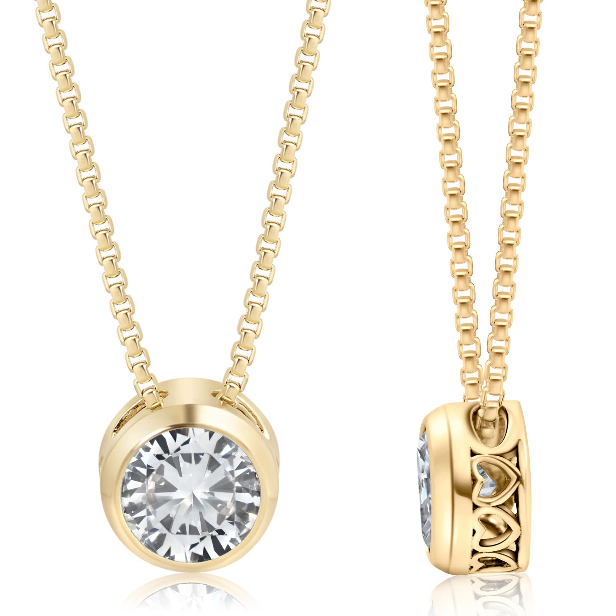 ADITA GOLDWhite CZ Pendant Necklace for Women in 14k Yellow Gold Plated on 925 Sterling Silver - December Birthstone 6mm Round Cut Gemstone - Vintage Handmade Hearts Style Silver Mount on a Gold Plate Chain