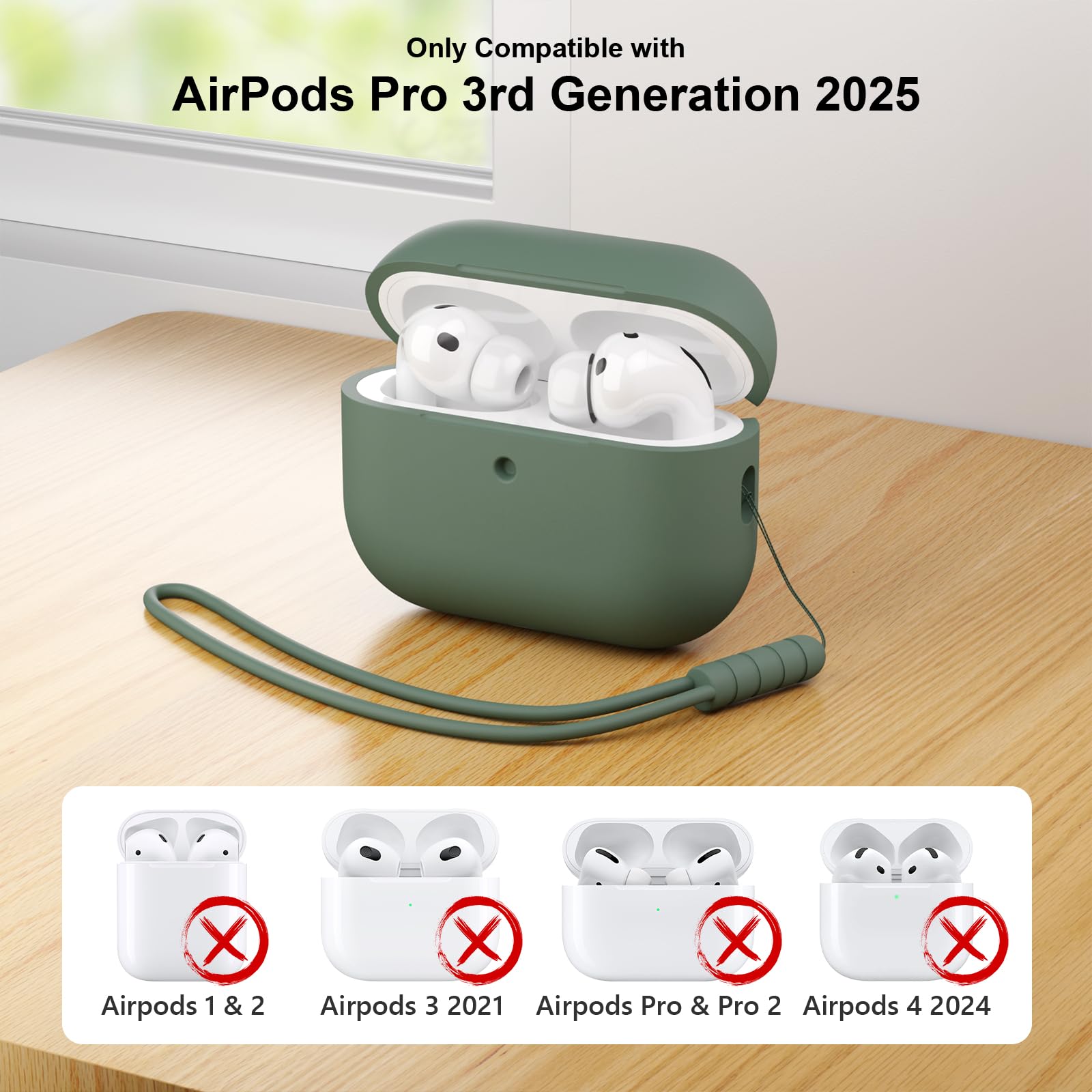 Funda para AirPods Pro 3 (2025) Case Cover, Anti-rasguños Fundas Protectora de Silicona Compatible con Airpods Pro 3.ª Generación con Kit de Limpieza e Lanyard de Silicona, Pine Green - 3