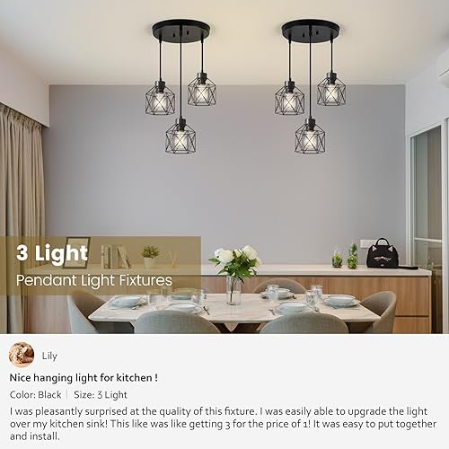 Miniatura 6 de 3-Light Pendant Light Fixtures, Farmhouse Hanging Pendant Lighting, Dining Room Chandelier, Industrial Kitchen Island Hanging Light Fixture, Black