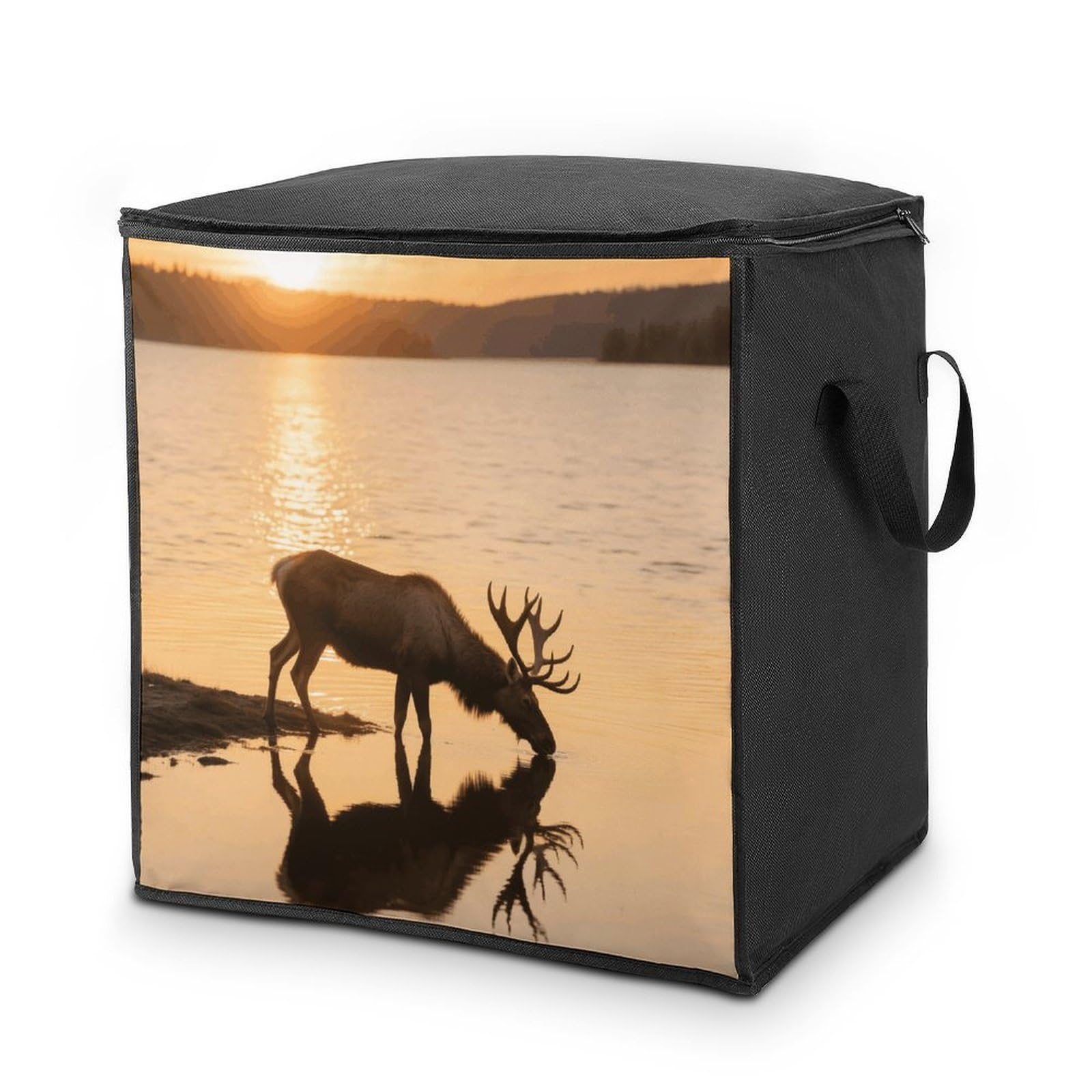 Landscape Moose in The River Large Storage Bags with Zippered Storage Organizers Bag Clothes Storages Bins with Lids Foldable Storages Containers with Reinforced Handles for Blanket Bedding