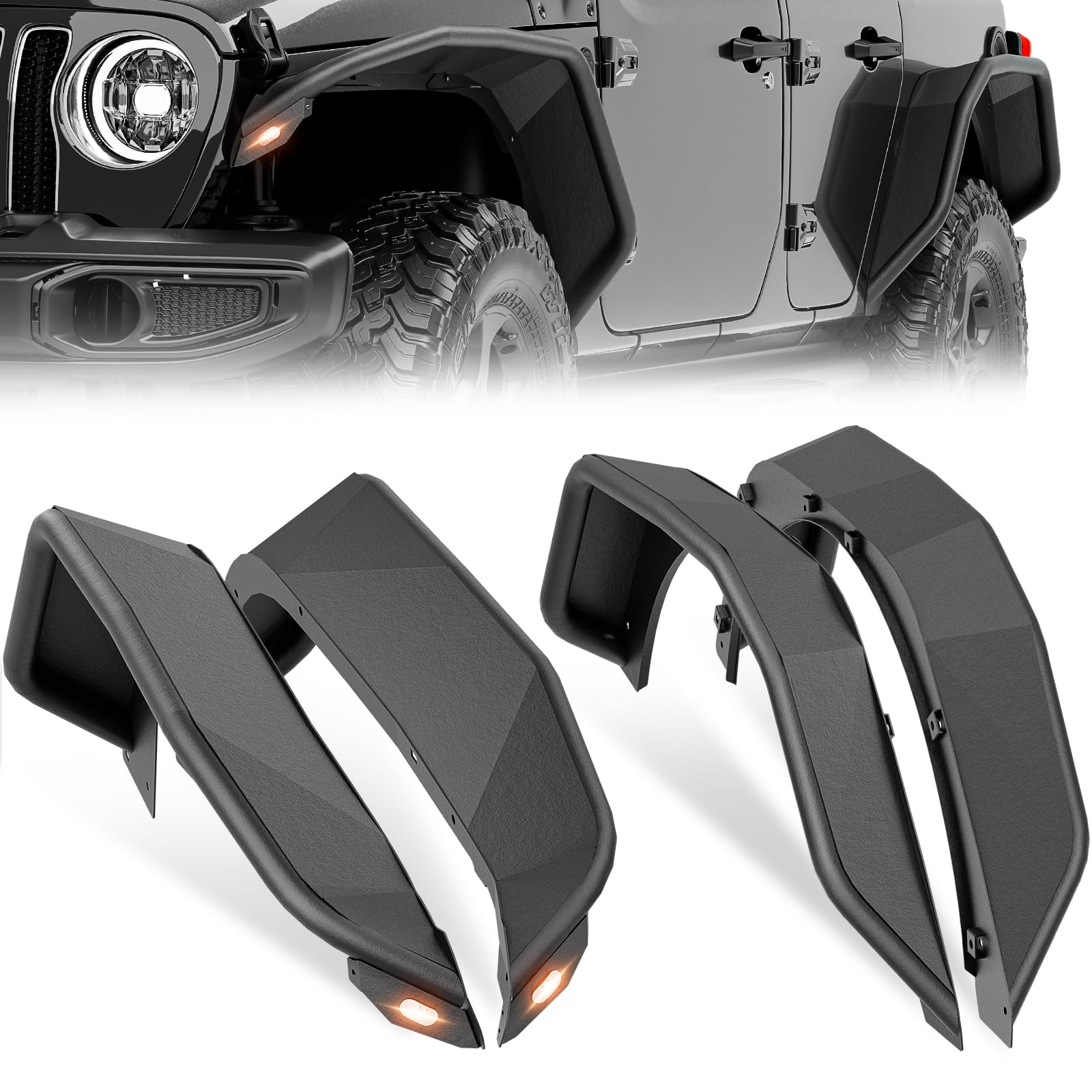 YZONA for JL JLU Tubular Front &amp; Rear Fender Flares Compatible with 2018-2026 Jeep Wrangler JL JLU Unlimited 2/4 Doors with Turn Signal Lights, 4-PCS Tube Mud Guard Off-Road Steel Wheel Fender