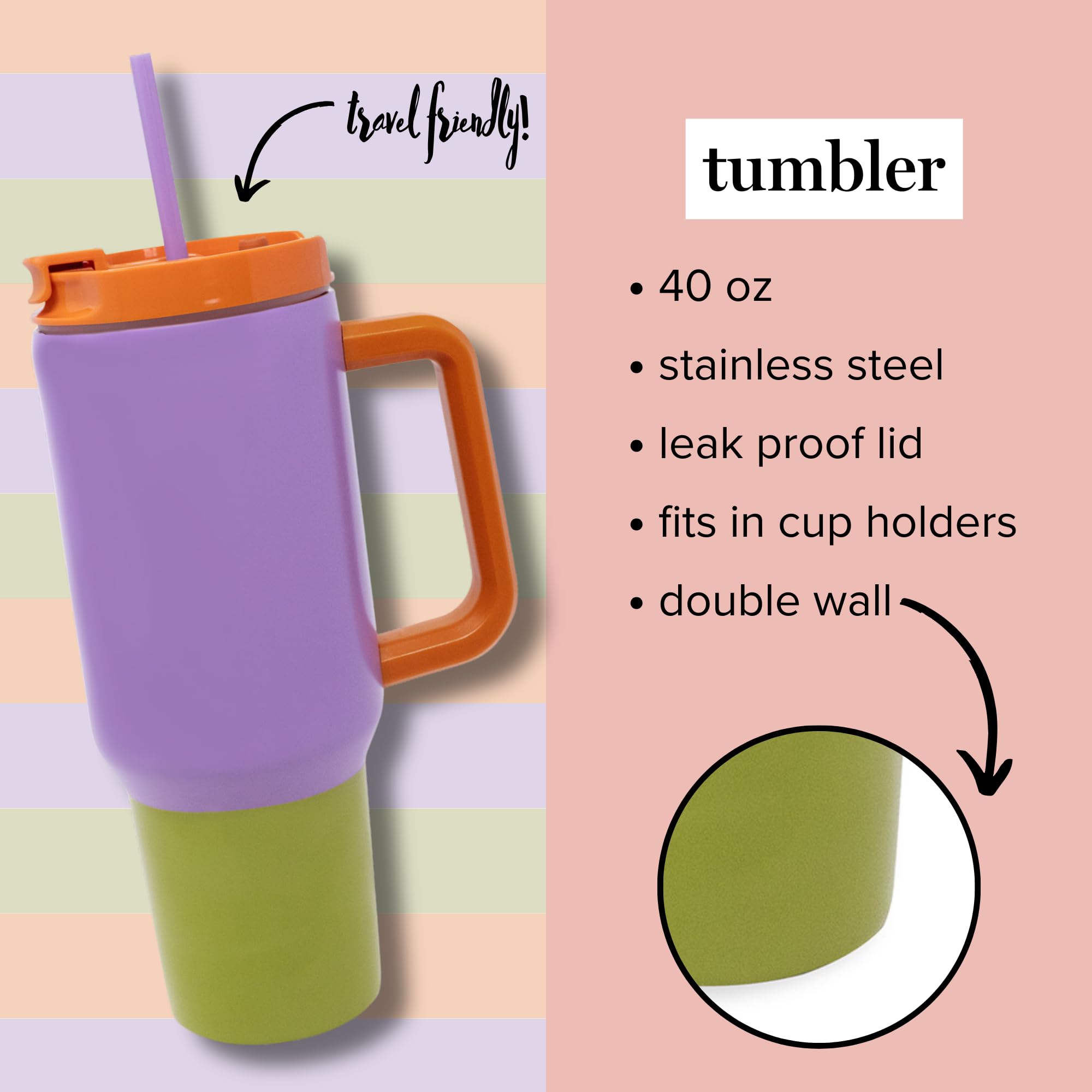 Vera Bradley Vaso de 40 onzas con asa y popote, vaso aislado de acero inoxidable de doble pared, apto para portavasos, taza de 40 onzas, vaso de metal para bebidas calientes o frías (bloques de color