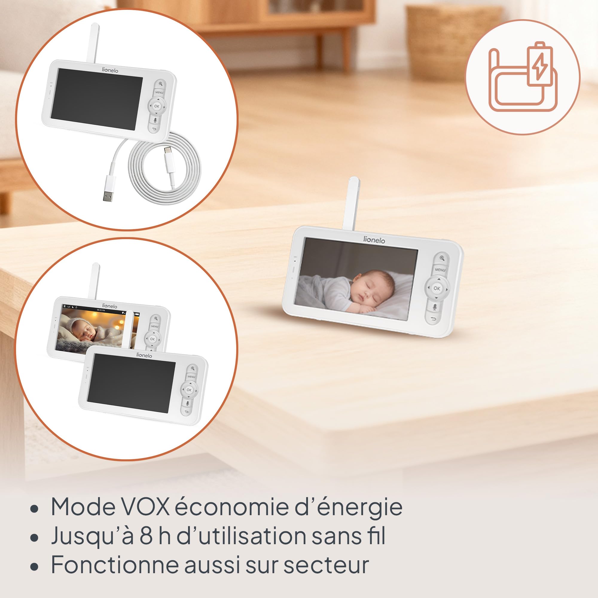 Lionelo Babyline 9.2 AI – Babyphone avec caméra 2K et Moniteur 5 ″, Wi-FI Double Bande, détection IA des vins et Couvre-Chef, Suivi des mouvements, capteur de température et d'humidité, Vision
