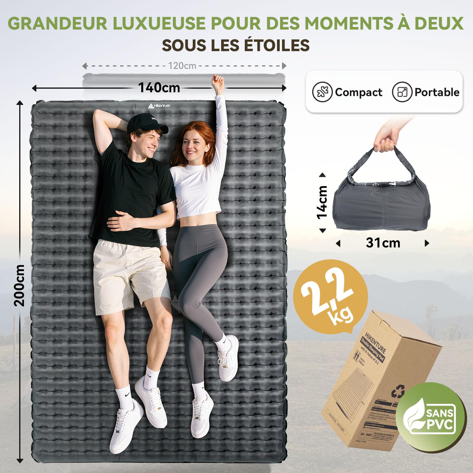 HIKENTURE Valeur-R 6.2 Matelas Camping Gonflable pour 2 Personnes, 140 x 200 cm - 8 cm Isolant 4 Saisons - Matelas Autogonflant 2 Personnes avec Sac de Pompe - Camping, Trekking, Randonnée, Bivouac