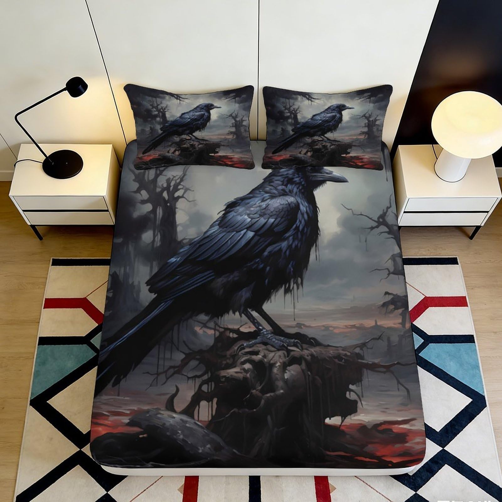 Pnayamiorkfel Style-3 3D Printed Dark Raven Fitted Sheet Microfiber Gothic Forest Mattress Cover For Bedroom Dorm Decor Easy Care 90X200x25cm