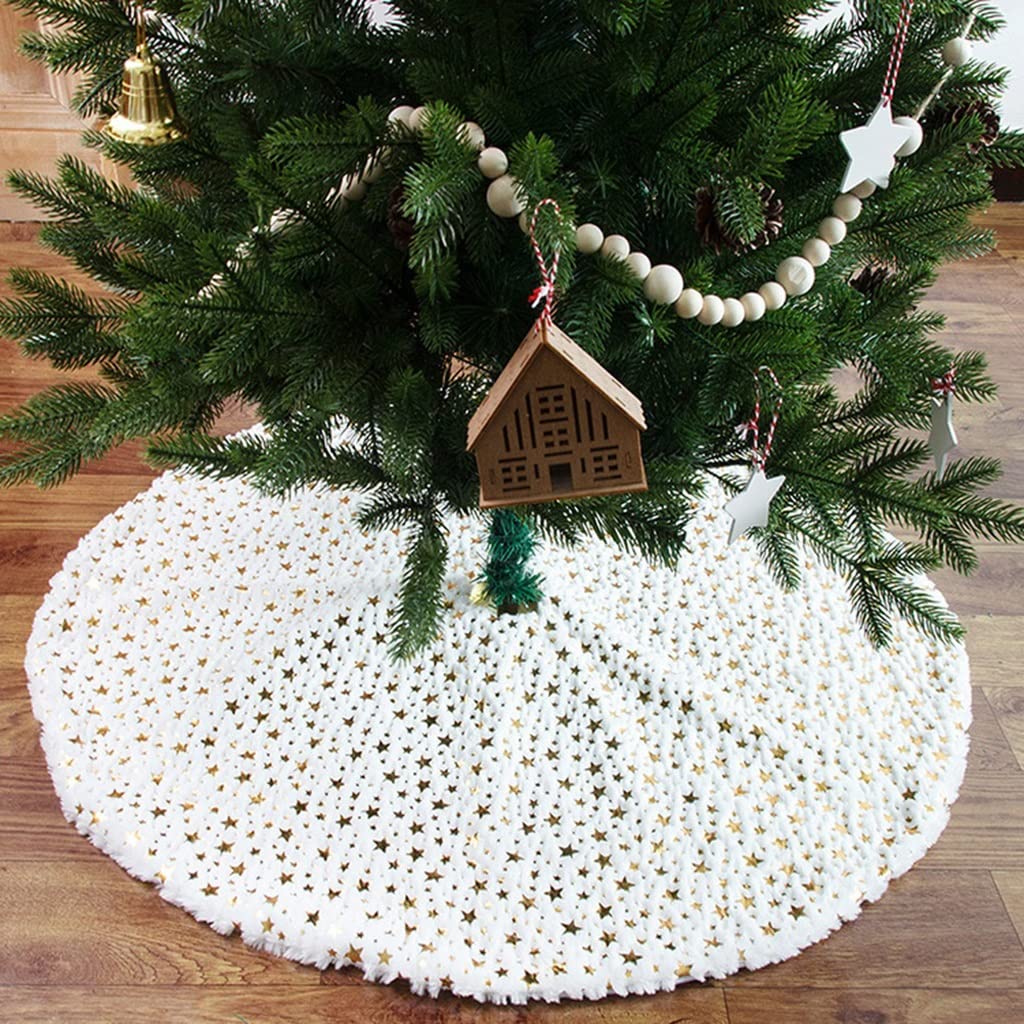 Tappeto Albero Di Natale, Star Stampato Gonna albero di Natale Peluche Xmas Tree Tappeto Mat Merry Decorazioni natalizie Ornamento Capodanno Home Decor Regalo Festa Forniture(White,130cm/51inch)