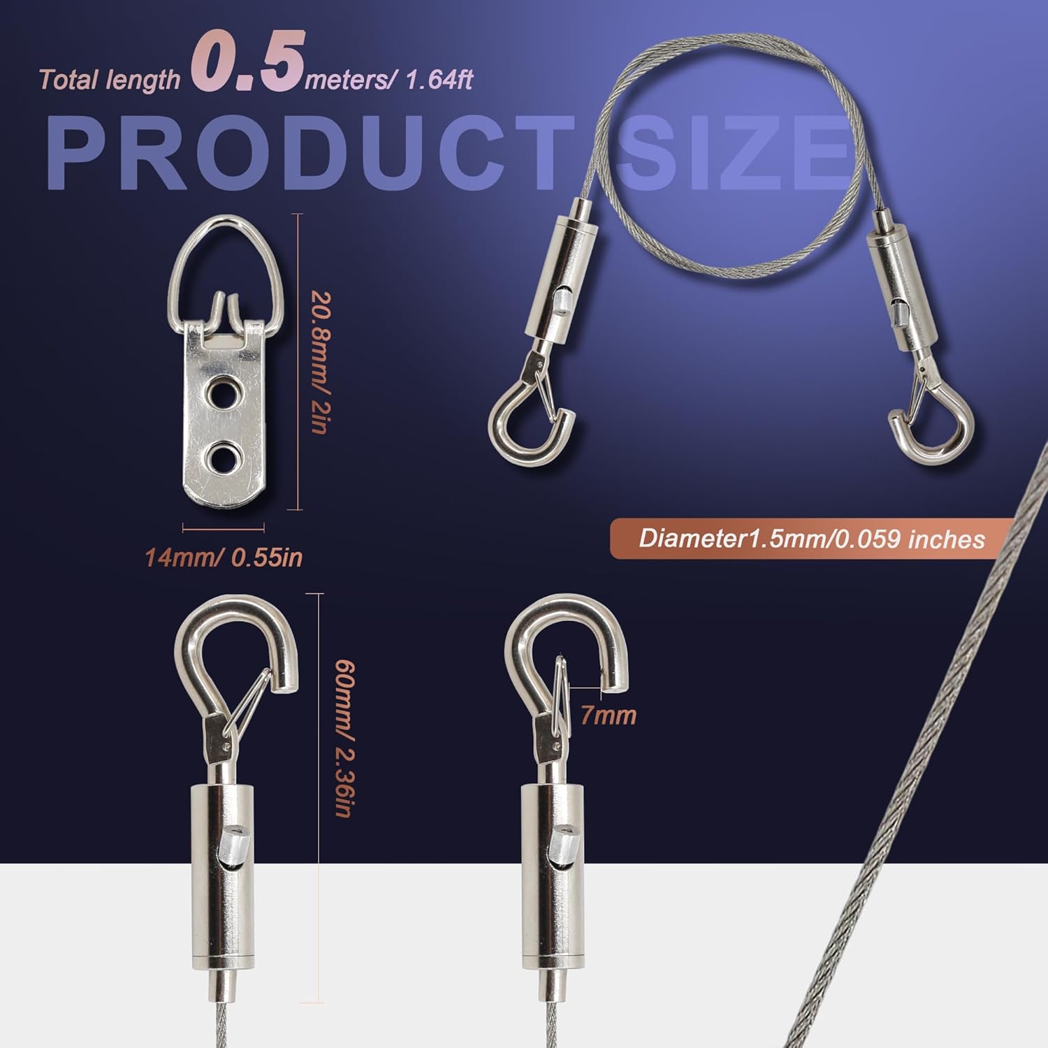 Picture Hanging Wire Kit Adjustable Picture Hanging Hangers Heavy Duty Stainless Steel Wire Rope 2-Hole D Rings Frame Hangers with Screws for Canvas Paintings Mirrors Frames (1.64FT-0.5M)