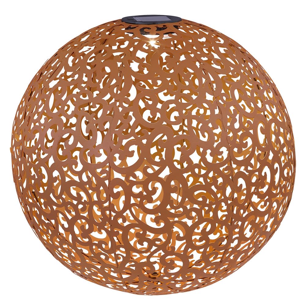LED Solar Außenlampe Kugel Steckleuchte Metall rostfarben Gartenleuchte Wegelampe Gartendeko, Kugel orientalisch Solarlampe, warmweiß 3000K, Höhe 50 cm