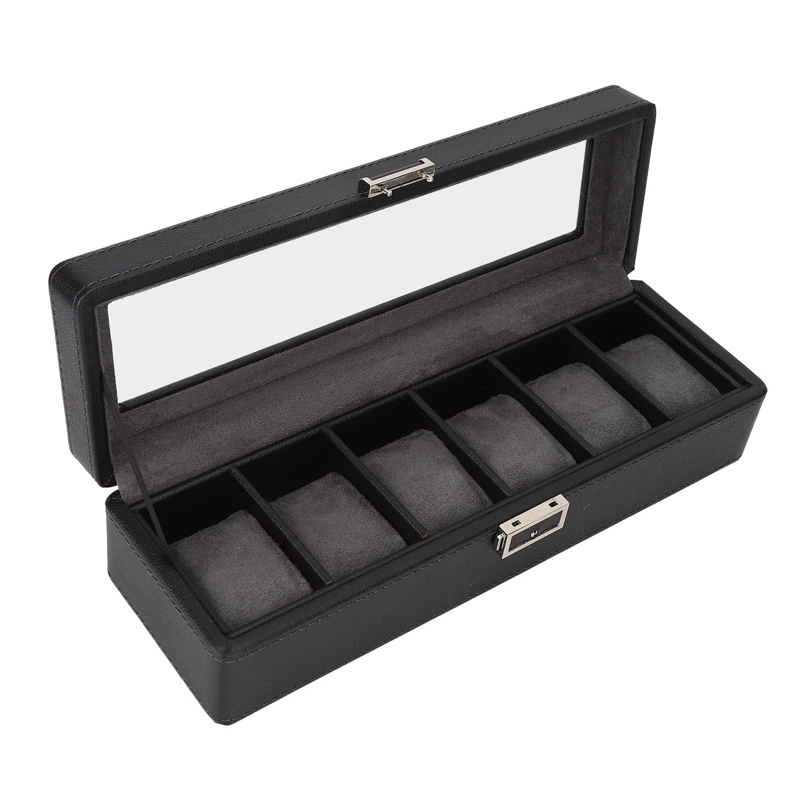Uhrenbox mit 6 Fächern und Glasdeckel, einlagiges Schmuckaufbewahrungsgehäuse für Uhren, transparente Display-Box mit PU-Leder-Oberfläche für Wohndekor und Reisen