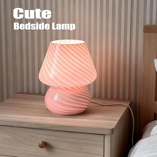 Miniatura 2 de jonong Lámpara de noche de cristal a rayas de hongos lámpara de mesa 110V regalo creativo luz de noche (rosa)