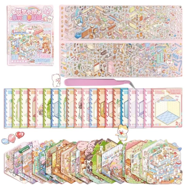 DIY Szene Aufkleber Buch für Erwachsene Mädchen Kinder,20 Sets Machen Sie Ihre eigene Aufkleber Therapie für Erwachsene, Cute Cartoon House Miniatur Haus 3D Sticker Scene Buch Relief Stress