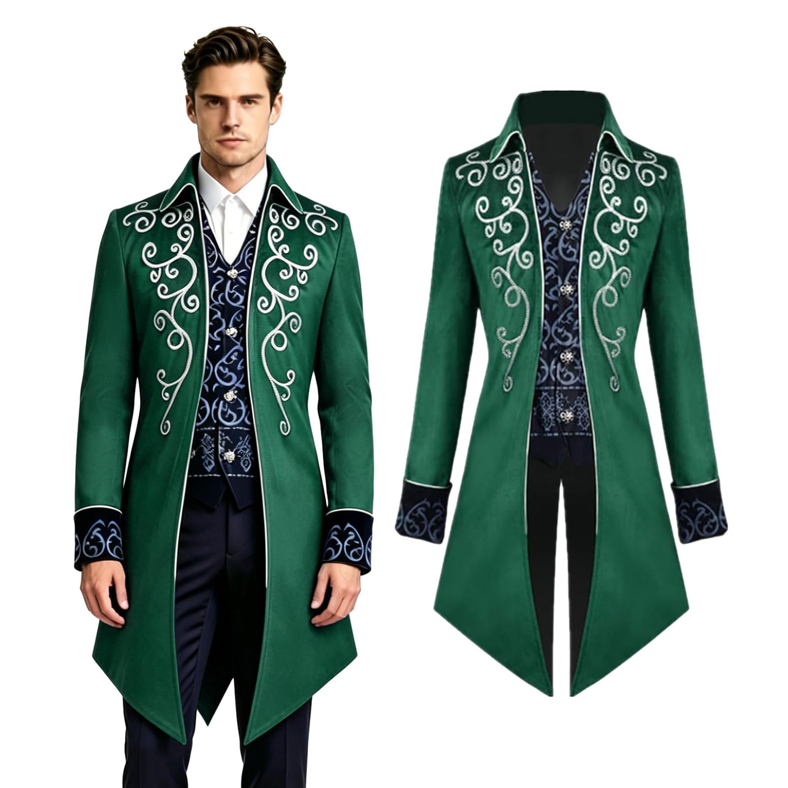 Crubelon Men's Steampunk Tailcoat – Vintage Victorian Gothic Coat with Embroidery – Elegant Medieval Vampire & Pirate Cosplay Costume for Halloween, Carnival, and Parties(Green, XL)