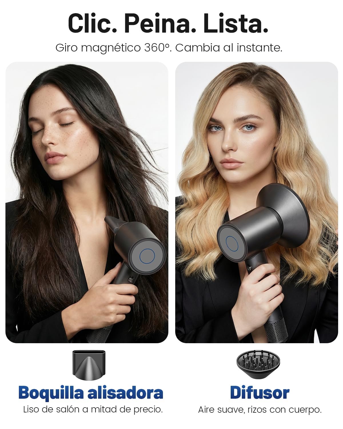 Secador de Pelo Iónico de Alta Velocidad, Ligero, Motor Sin Escobillas 160.000 RPM, Secado Rápido, Anti Encrespamiento, Bajo Ruido, con Difusor y Boquilla, Enchufe UE, Gris
